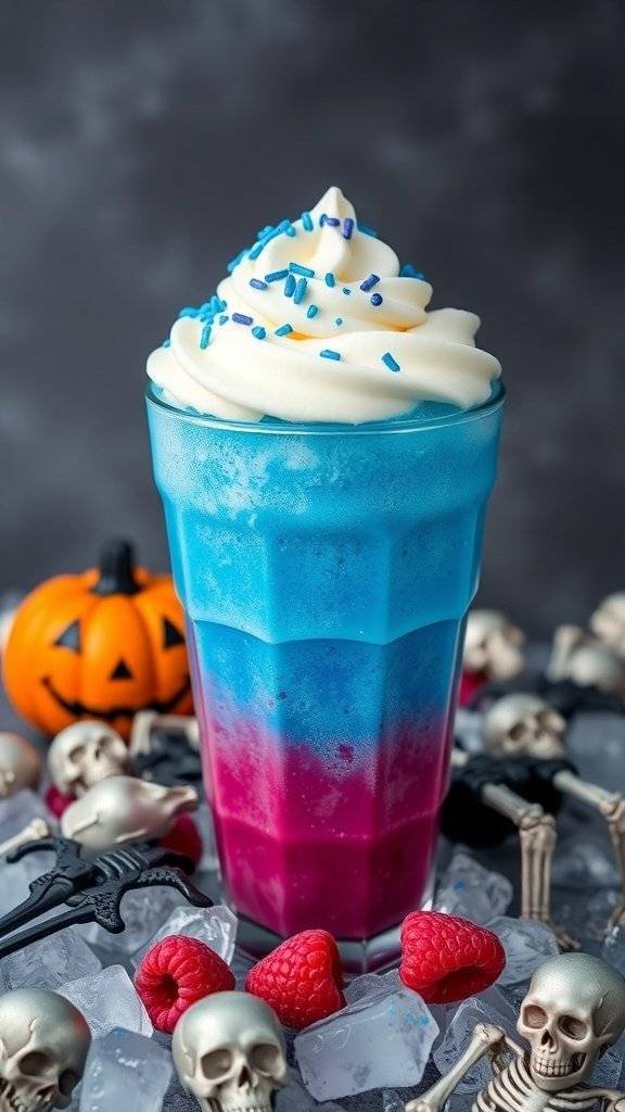 A vibrant blue raspberry slushie with whipped cream and blue sprinkles, surrounded by Halloween decorations.