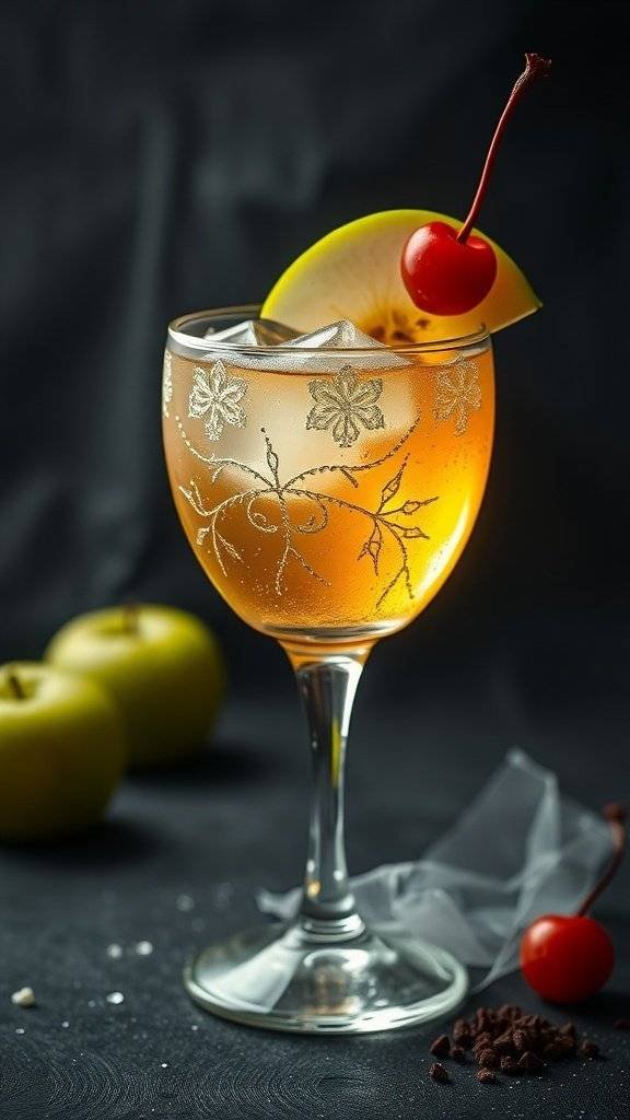 A Sinister Sour Apple Fizz cocktail garnished with a green apple slice and a cherry, served in an elegant glass.