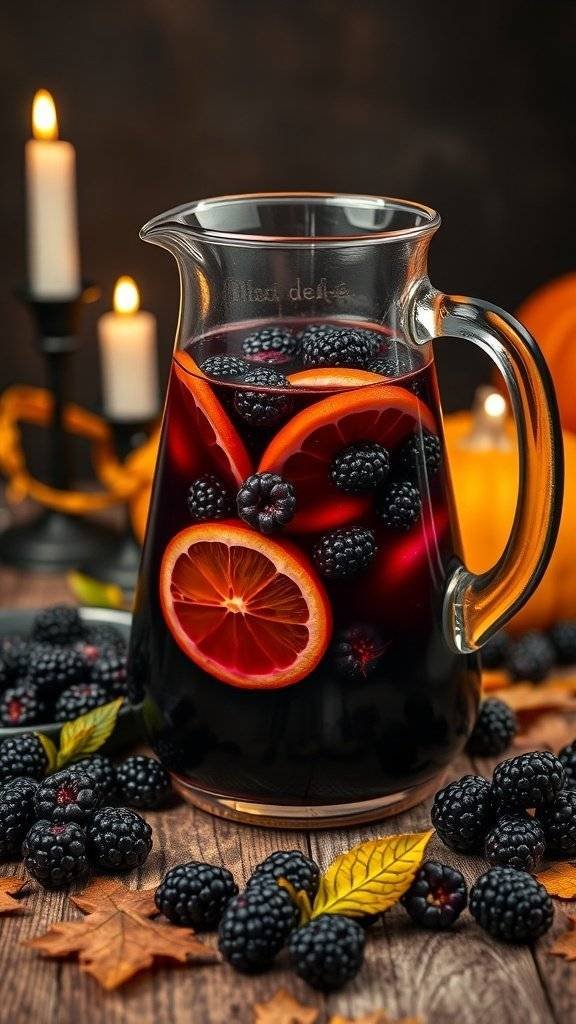 A pitcher of Midnight Blackberry Sangria surrounded by blackberries and orange slices, with candles in the background.