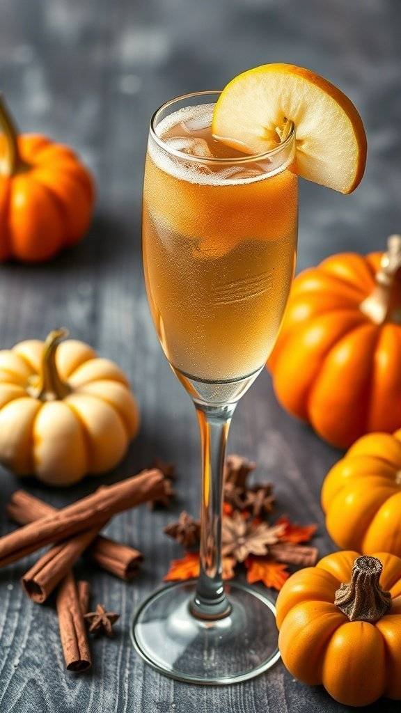 A glass of apple cider mimosa garnished with an apple slice, surrounded by pumpkins and cinnamon sticks.