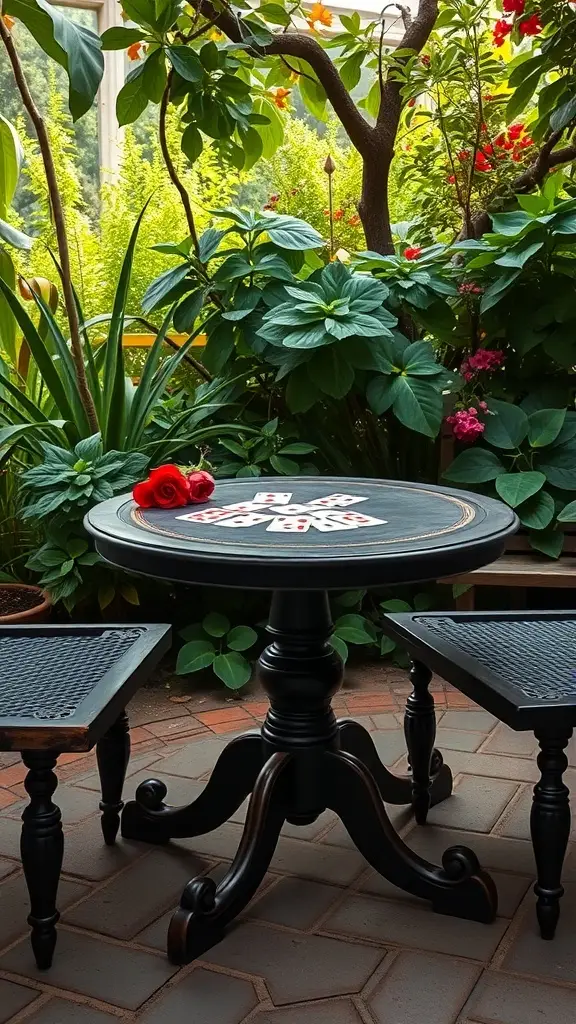 A group of people enjoying tea in a garden, surrounded by flowers and greenery.