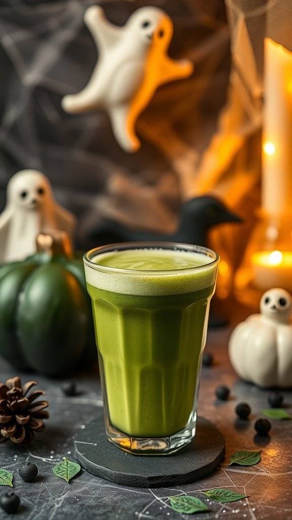 A glass of green matcha latte surrounded by Halloween decorations