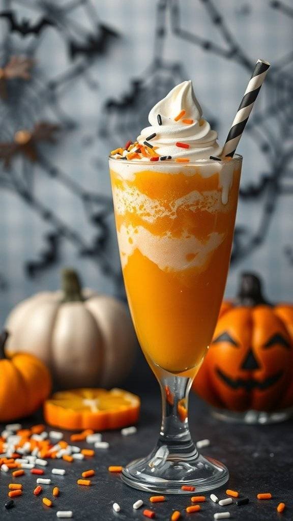 Eerie Orange Creamsicle Float with whipped cream and sprinkles, surrounded by Halloween decorations.