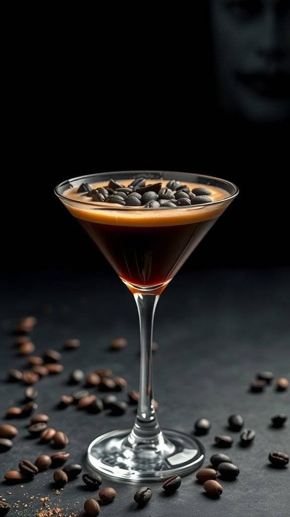 A dark espresso martini in a glass, garnished with coffee beans, surrounded by scattered coffee beans on a black surface.
