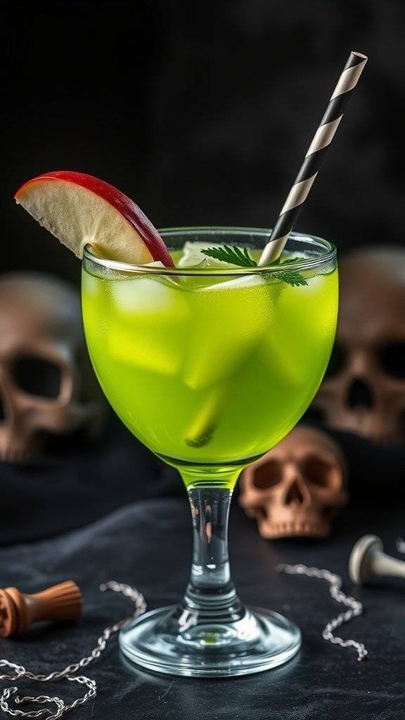 A vibrant green cocktail with apple garnish, set against a dark background with skulls.