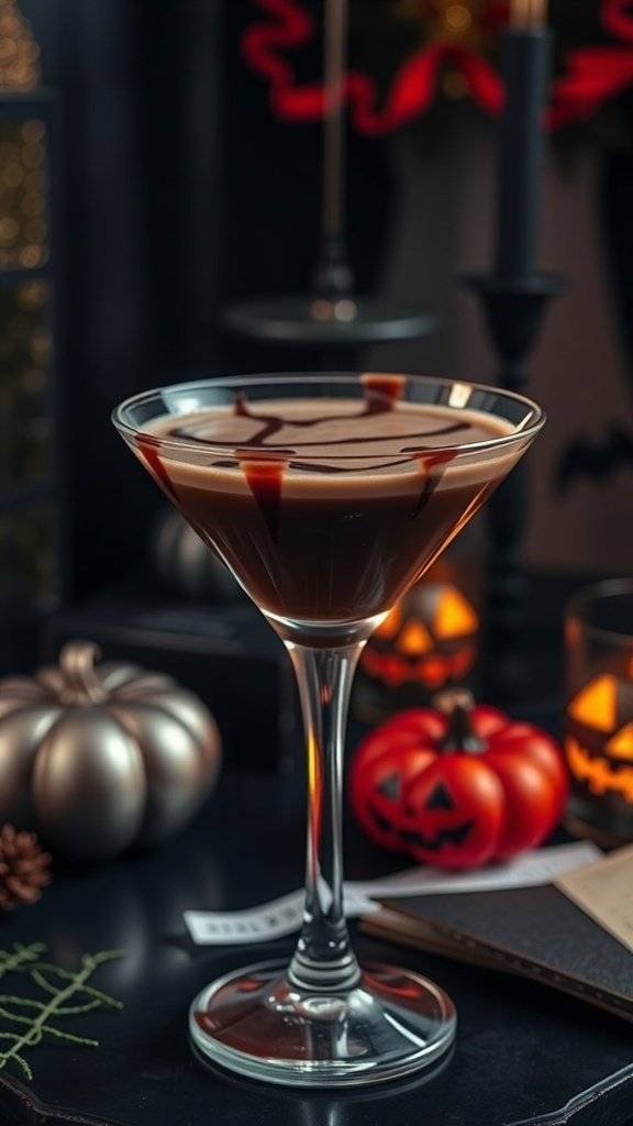 A Chocolate Martini with chocolate syrup drizzle, surrounded by Halloween decorations.