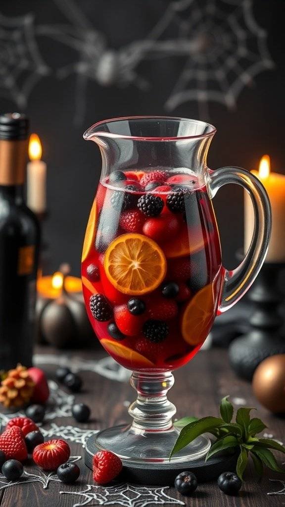 A pitcher of Bewitched Berry Sangria with mixed berries and citrus slices, surrounded by Halloween decorations.
