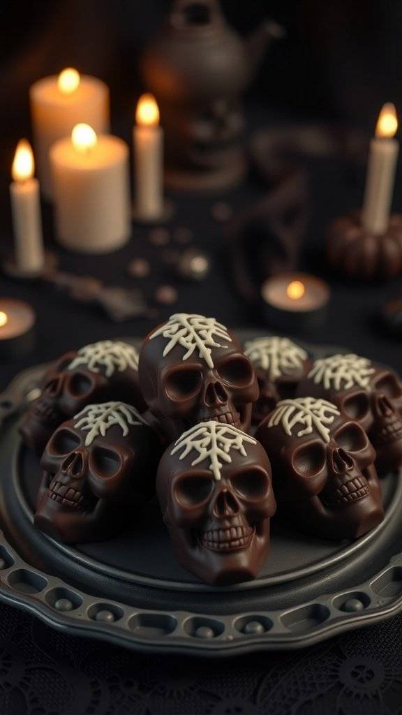 A plate of Gothic chocolate-covered skull treats with white chocolate drizzle, surrounded by candles and Halloween decorations.