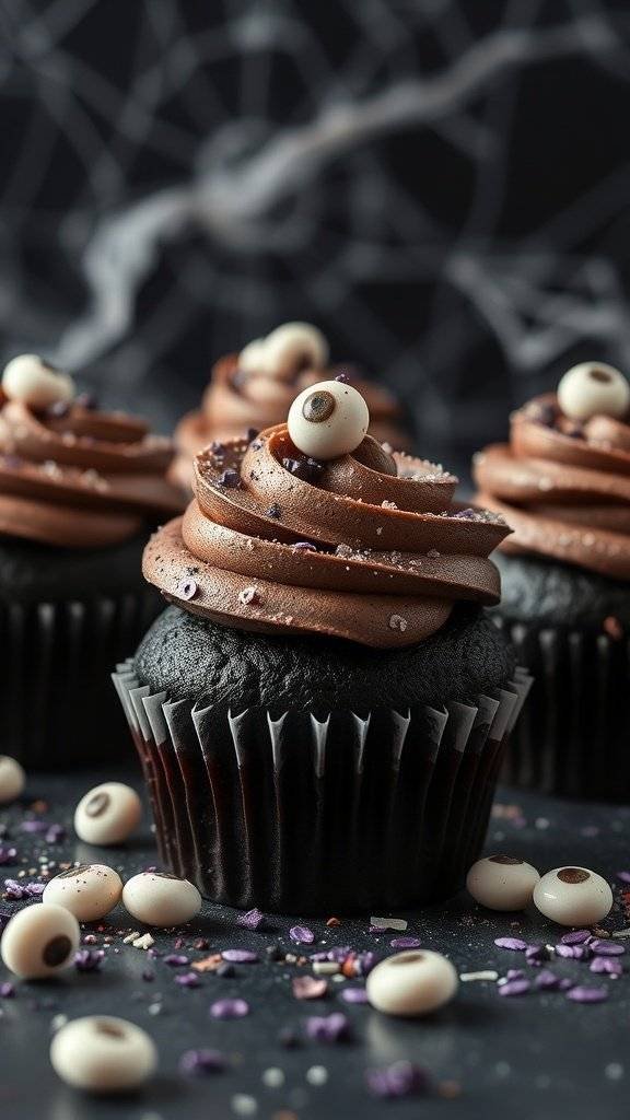 Black velvet cupcakes with cream cheese frosting and candy eyeballs on a dark background