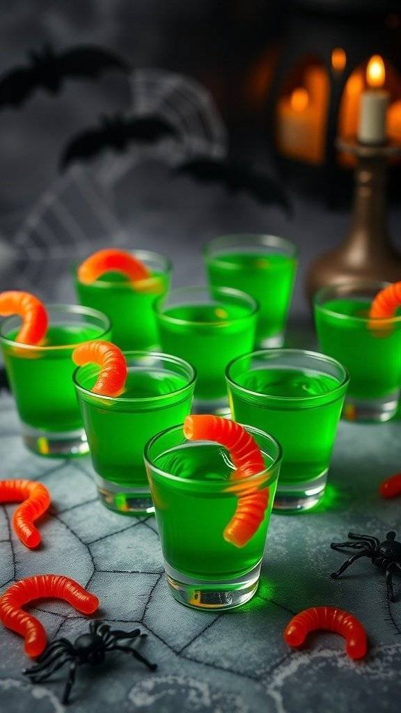 Green jello shots with gummy worms for Halloween