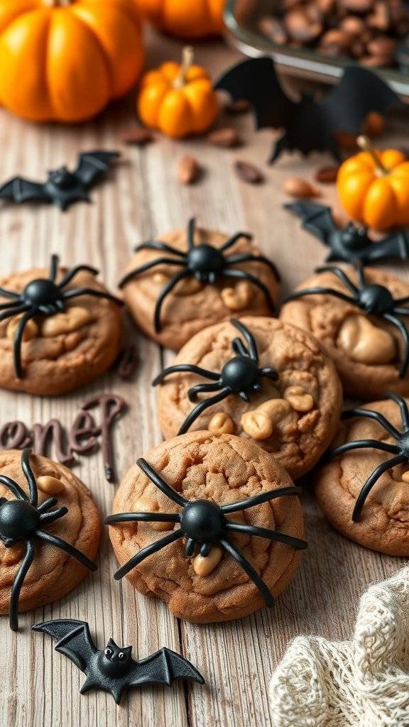 A collection of chocolate-peanut butter spider cookies decorated with black candy spiders, surrounded by mini pumpkins and bats.