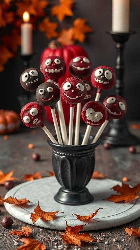 A display of red velvet cake pops dipped in dark chocolate with spooky faces, set against a Halloween-themed backdrop.