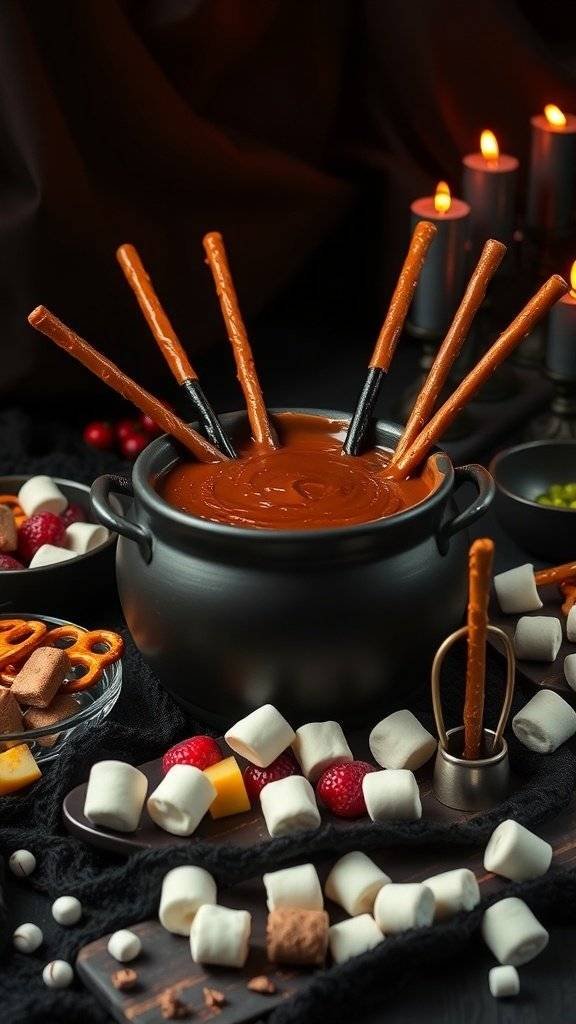 A cauldron filled with chocolate fondue surrounded by various dippers like pretzel sticks, marshmallows, strawberries, and more.