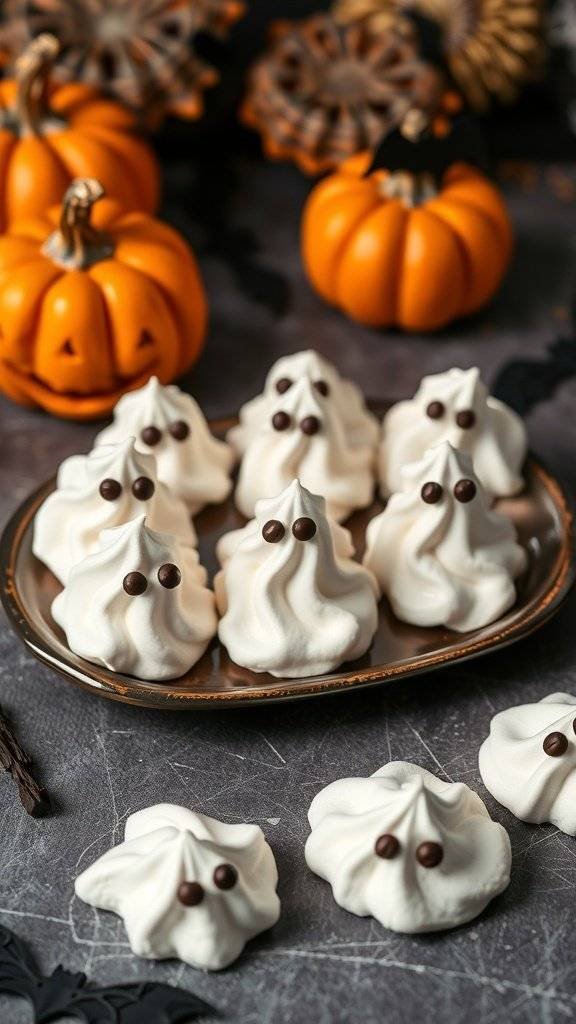 A plate of ghost-shaped meringue cookies with chocolate chip eyes, surrounded by Halloween decorations.