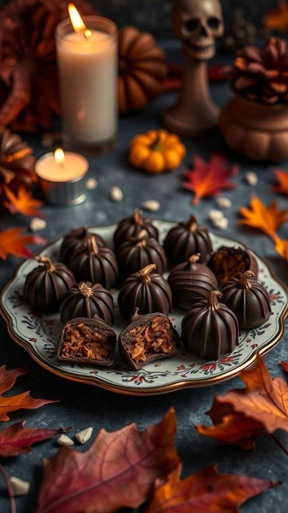 A plate of dark chocolate pumpkin truffles surrounded by autumn leaves and candles.