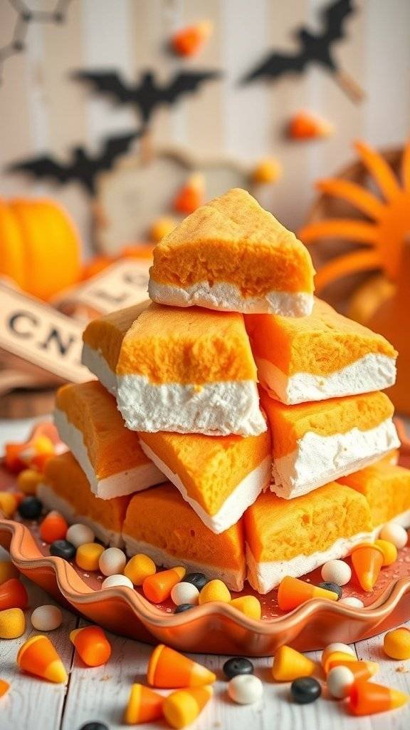 A stack of candy corn marshmallow treats surrounded by candy corn and Halloween decorations.