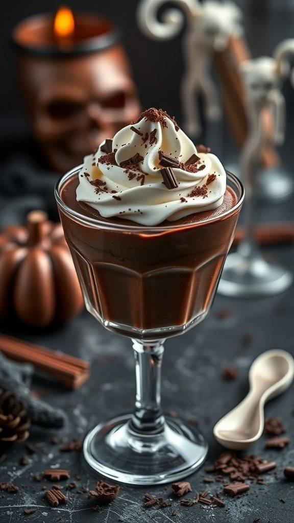 A chilling chocolate mousse topped with ghostly whipped cream and chocolate shavings, set against a spooky Halloween backdrop.