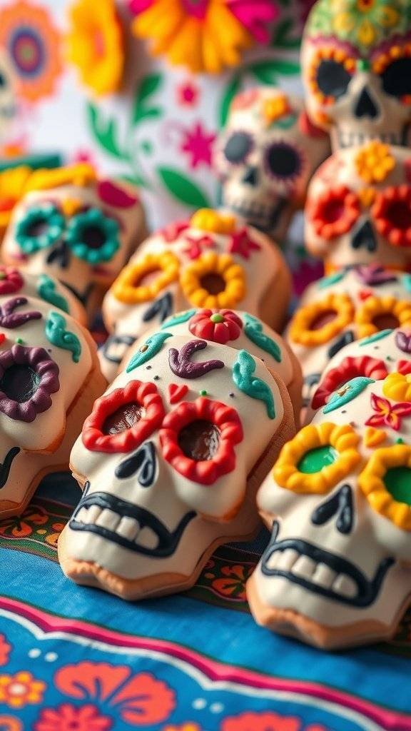 Colorful sugar skull cookies decorated with icing, perfect for Halloween treats.