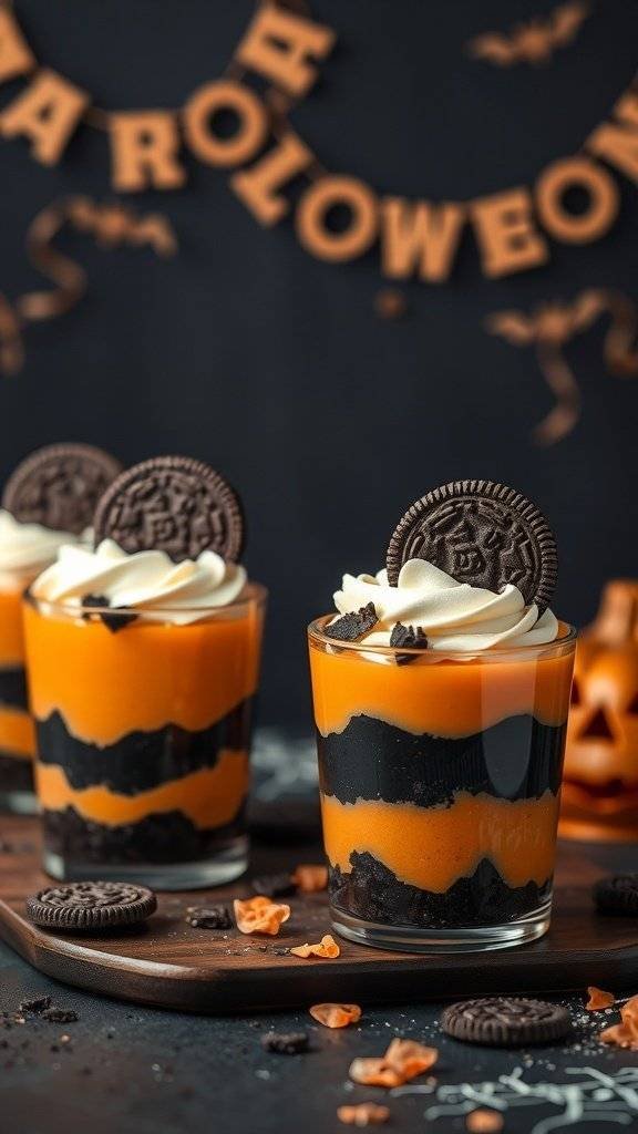 Layered Halloween parfaits with orange pumpkin filling and black Oreo layers, topped with whipped cream and chocolate sprinkles.