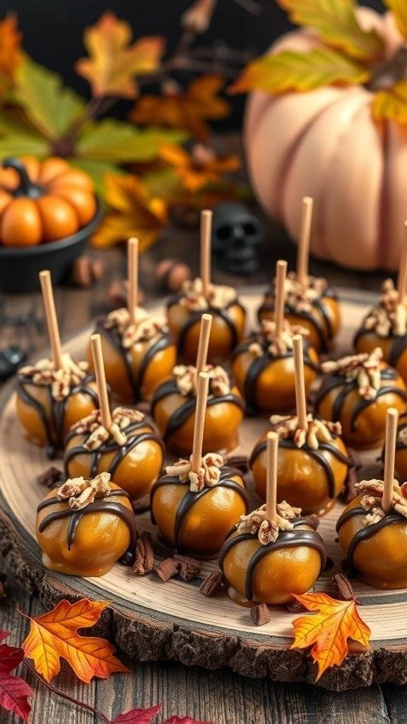 A platter of caramel apple bites decorated with chocolate and nuts, surrounded by autumn leaves and pumpkins.
