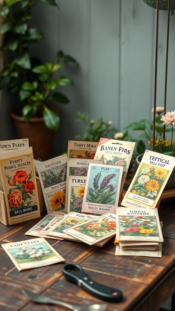 A collection of vintage seed packets on a wooden table with a pair of scissors.