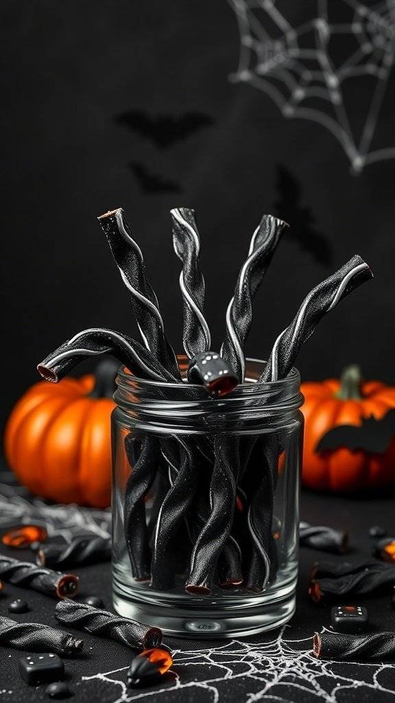 A jar filled with twisted black licorice sticks, surrounded by pumpkins and spider webs, perfect for Halloween.