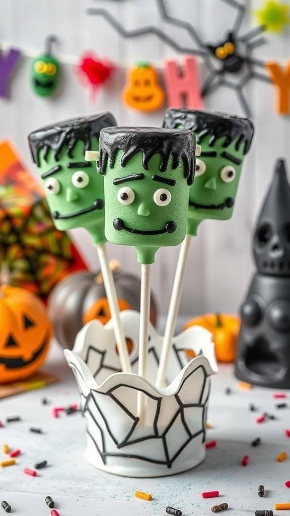 Frankenstein Marshmallow Pops decorated for Halloween
