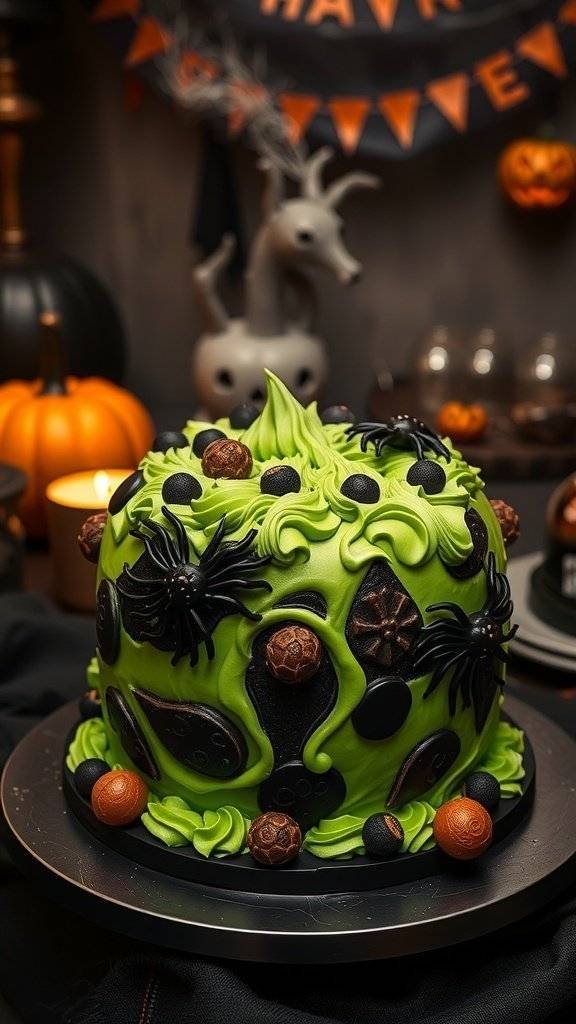 A spooky cauldron cake decorated with green frosting, a witch's hat, and edible spiders and pumpkins.