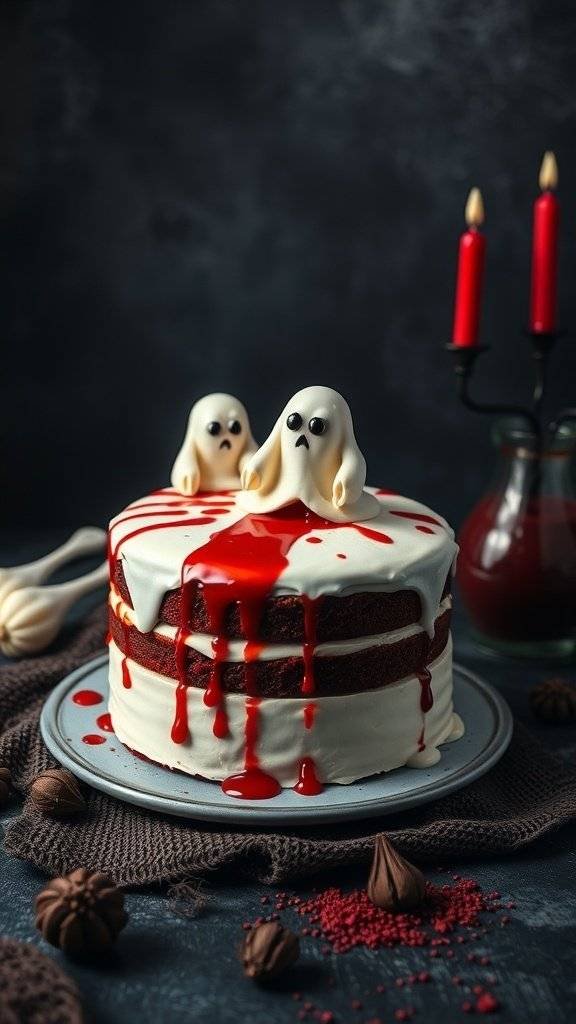 A gory red velvet layer cake with ghostly frosting, drizzled with red sauce, and decorated with fondant ghosts.