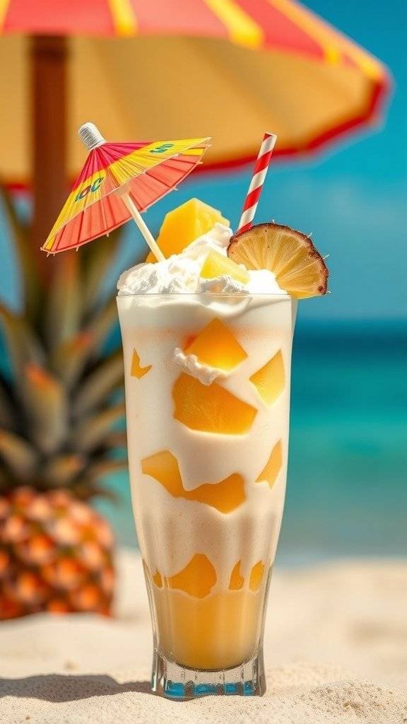 A refreshing Tropical Paradise Float with pineapple and coconut, topped with whipped cream and garnished with fresh fruit.