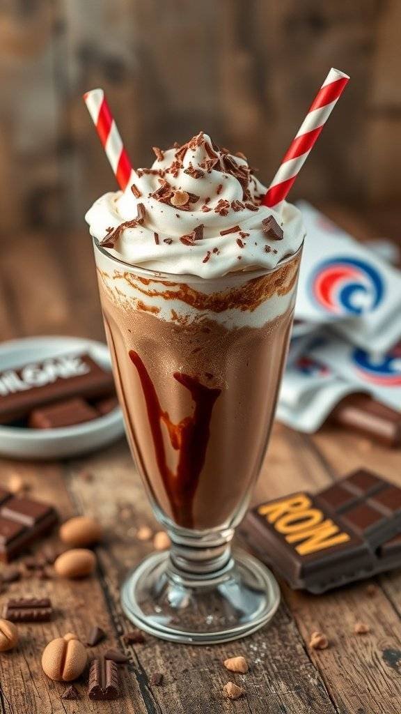 A tall glass of chocolate peanut butter float topped with whipped cream and chocolate syrup, surrounded by chocolate bars and peanuts.