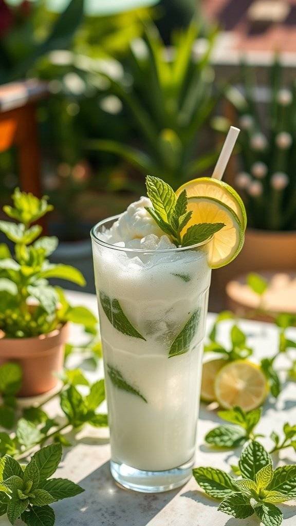 A refreshing mint mojito float with ice cream, mint leaves, and lime slices.