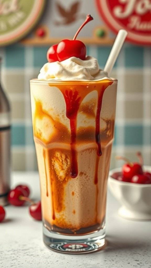 A tall glass of root beer float topped with whipped cream, caramel sauce, and a cherry.