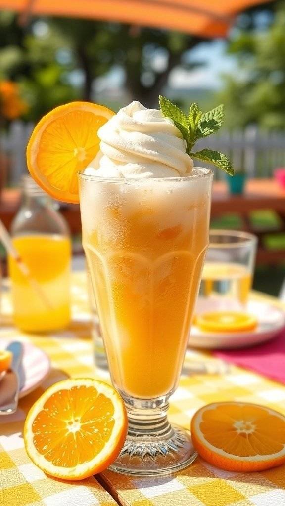A refreshing Zesty Citrus Splash Float with orange soda and vanilla ice cream, garnished with orange slices and mint.