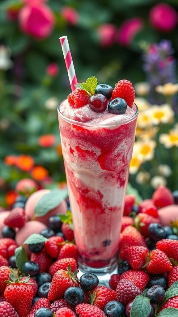 A colorful Fruity Berry Blast Float with fresh berries and ice cream