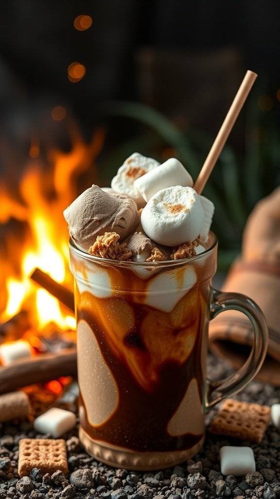 A delicious S'Mores Campfire Float with chocolate milk, ice cream, marshmallows, and graham crackers, set against a campfire backdrop.