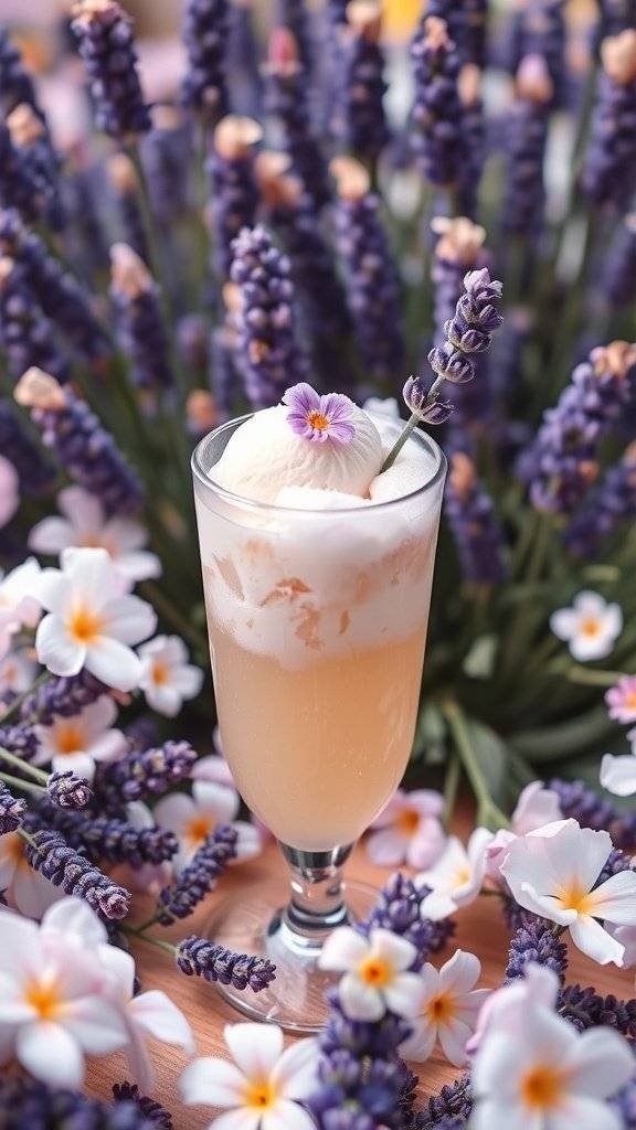 A refreshing lavender lemonade float garnished with flowers and a lemon slice.