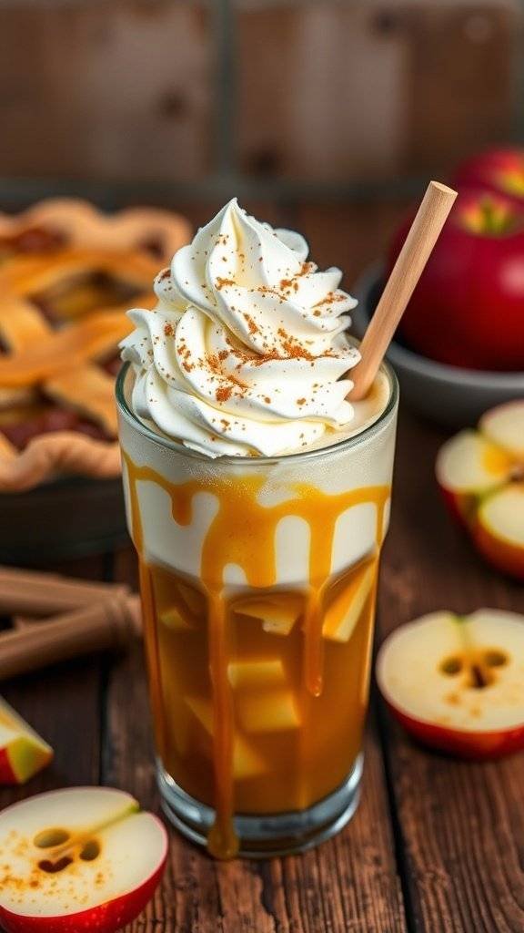 A delicious Caramel Apple Pie Float with whipped cream and caramel sauce, surrounded by fresh apple slices.