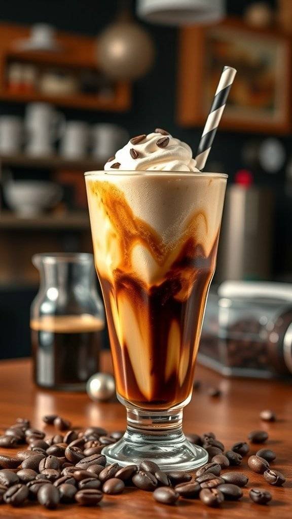 A delicious espresso float with ice cream, topped with whipped cream and coffee beans.