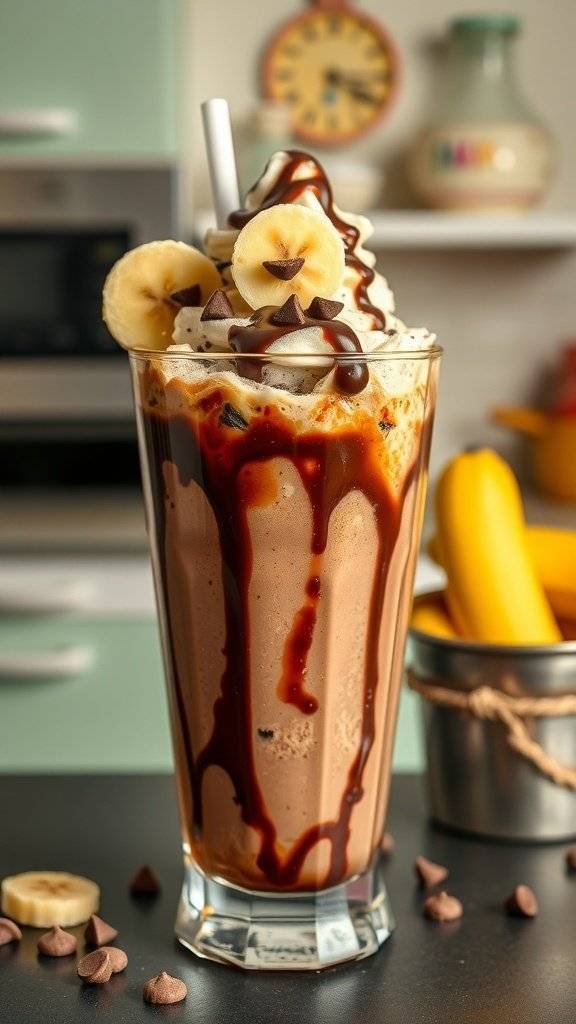 A delicious Choco-Banana Delight Float topped with whipped cream, banana slices, and chocolate syrup.