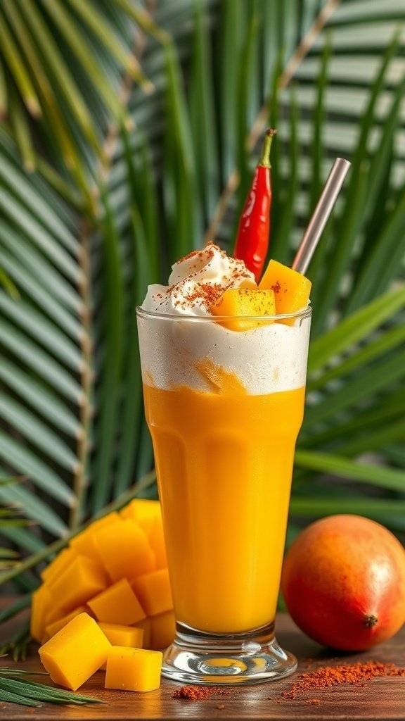 A colorful Spicy Mango Tango Float topped with whipped cream and a slice of chili, surrounded by fresh mango pieces.