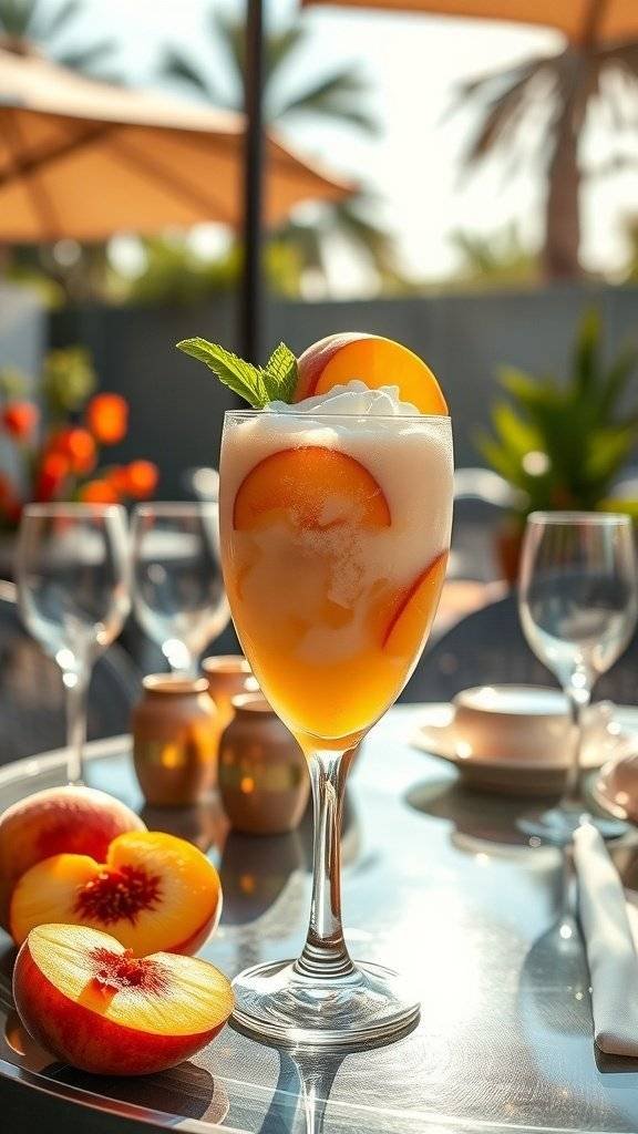 A refreshing Peach Bellini Ice Cream Float with peach slices and mint garnish