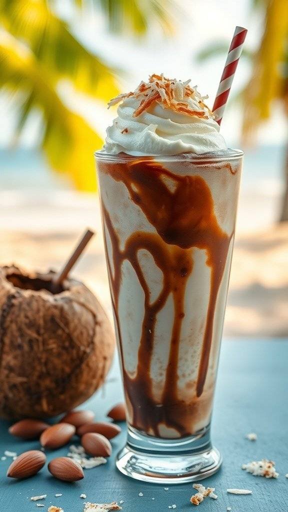 A Nutty Almond Joy Float with whipped cream, chocolate syrup, and almonds, served in a tall glass with a coconut in the background.