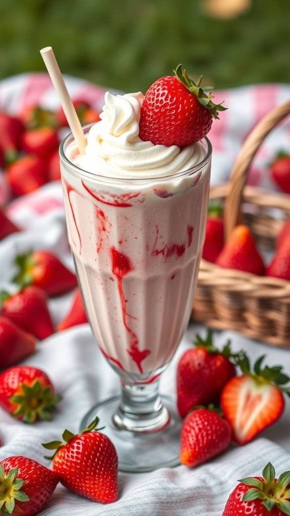 A delicious Classic Strawberry Shortcake Float topped with whipped cream and fresh strawberries, surrounded by more strawberries.