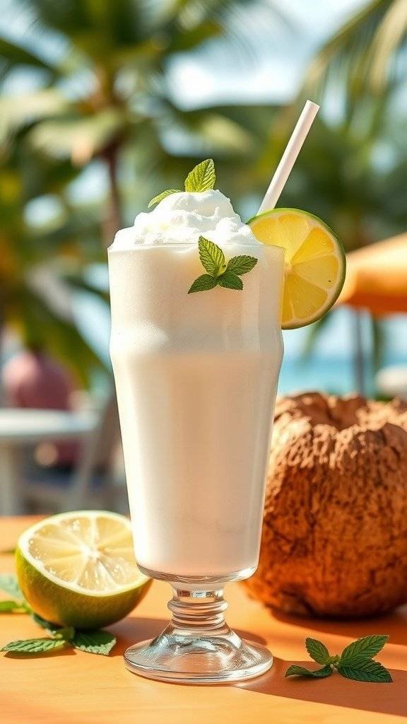 A refreshing Coconut Lime Cooler Float in a tall glass, topped with whipped cream and garnished with mint and lime.