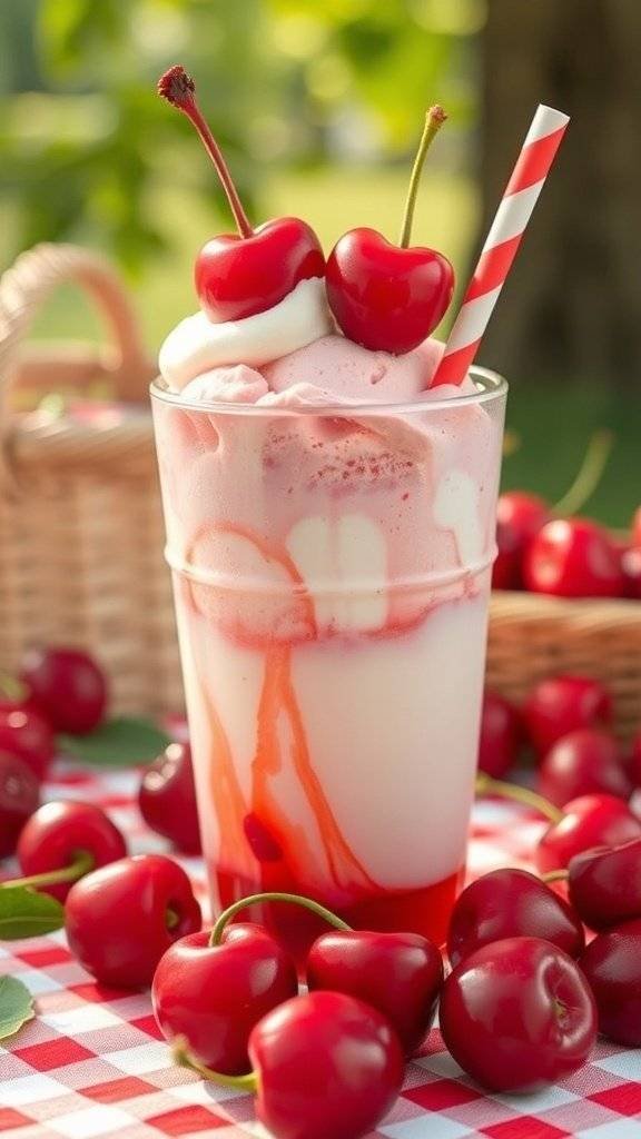 A refreshing Sweet Cherry Vanilla Float with cherries on top and a striped straw.