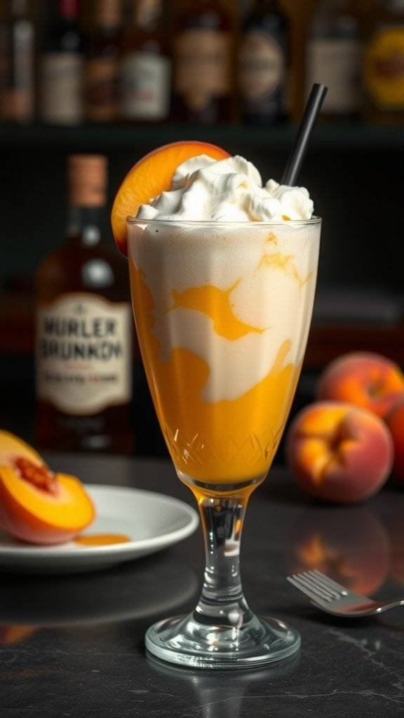 A Bourbon Peach Float with whipped cream and peach garnish, set against a backdrop of bourbon bottles.