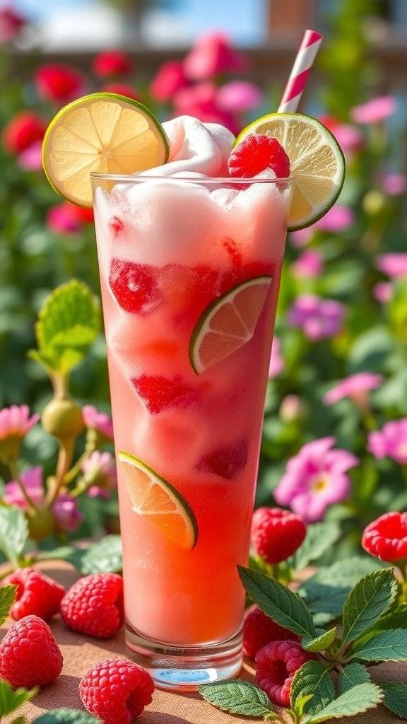 A refreshing Fizzy Raspberry Lime Float topped with ice cream and garnished with lime slices and raspberries.