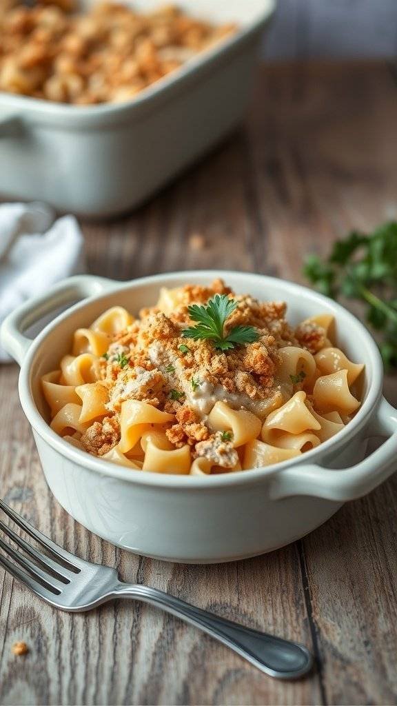 A creamy tuna noodle casserole topped with crushed potato chips, served in a white dish.
