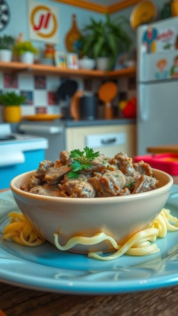 A bowl of Beef Stroganoff served over noodles in a cozy kitchen setting.